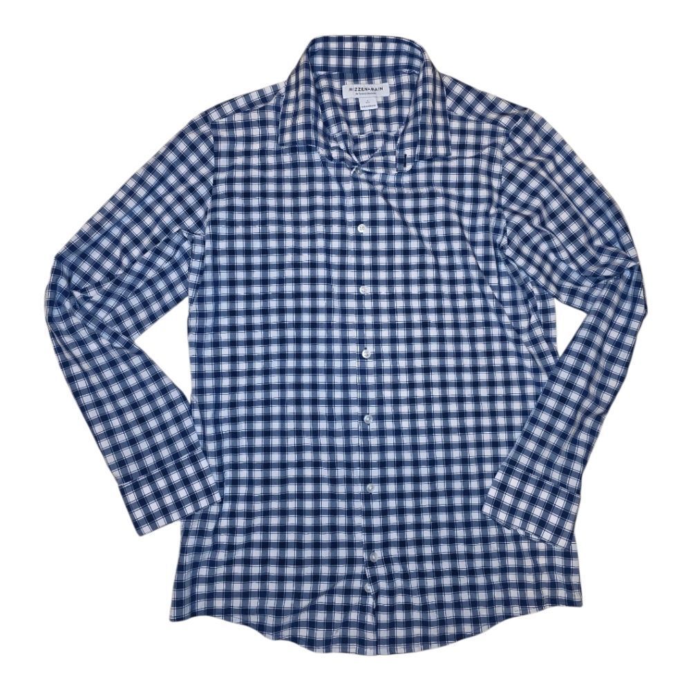 MIZZEN+MAIN Navy Gingham‎ Trim Fit Dress Shirt Tech Performance - Size Large